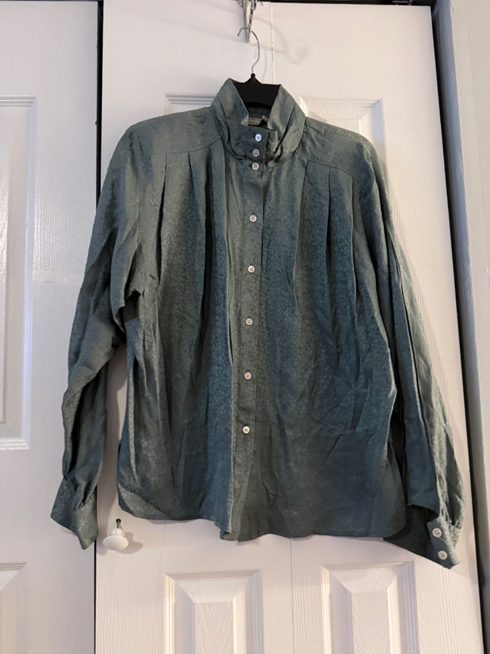 Cricketeer Silk Button-Up High Neck pleaded Textured Blouse, Sage Green, Size 16